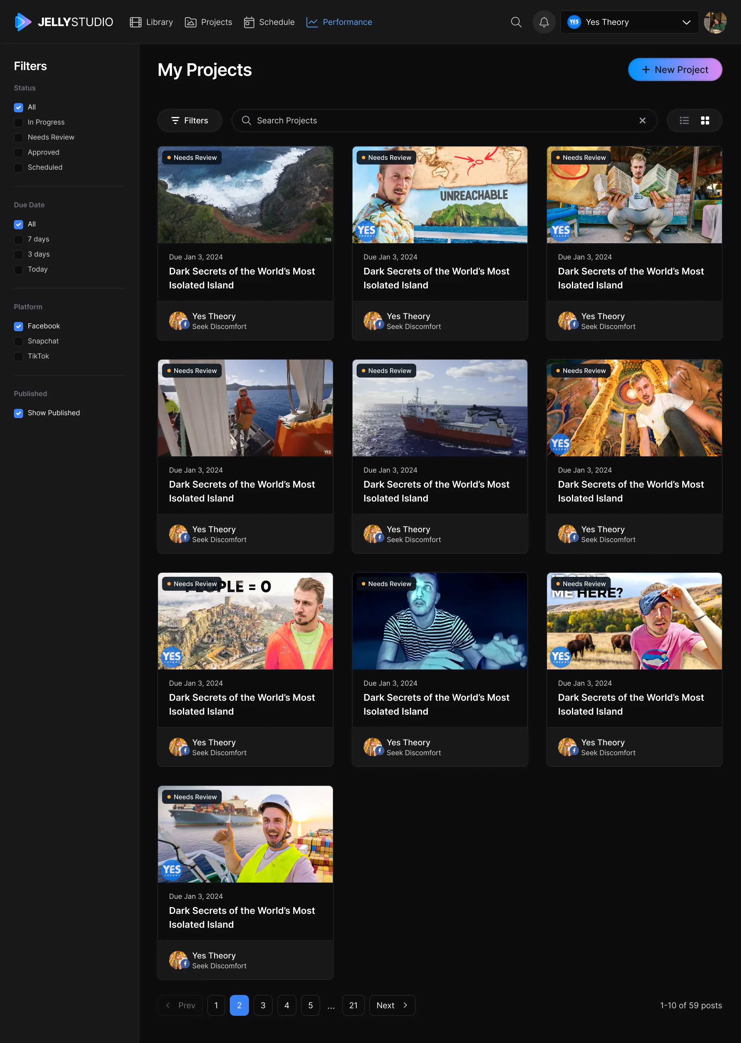 JellyStudio projects list — alternate view