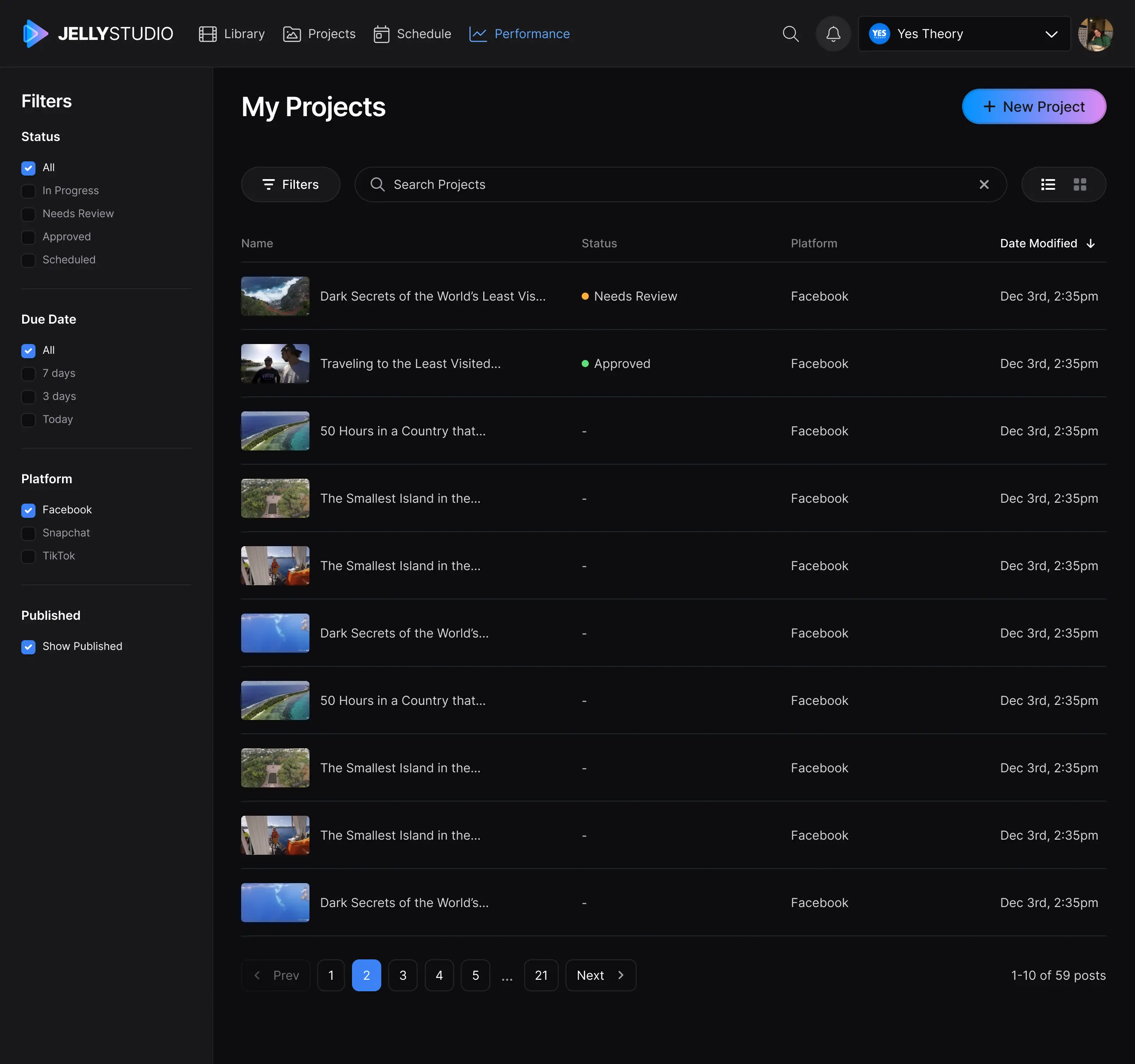 JellyStudio projects list view