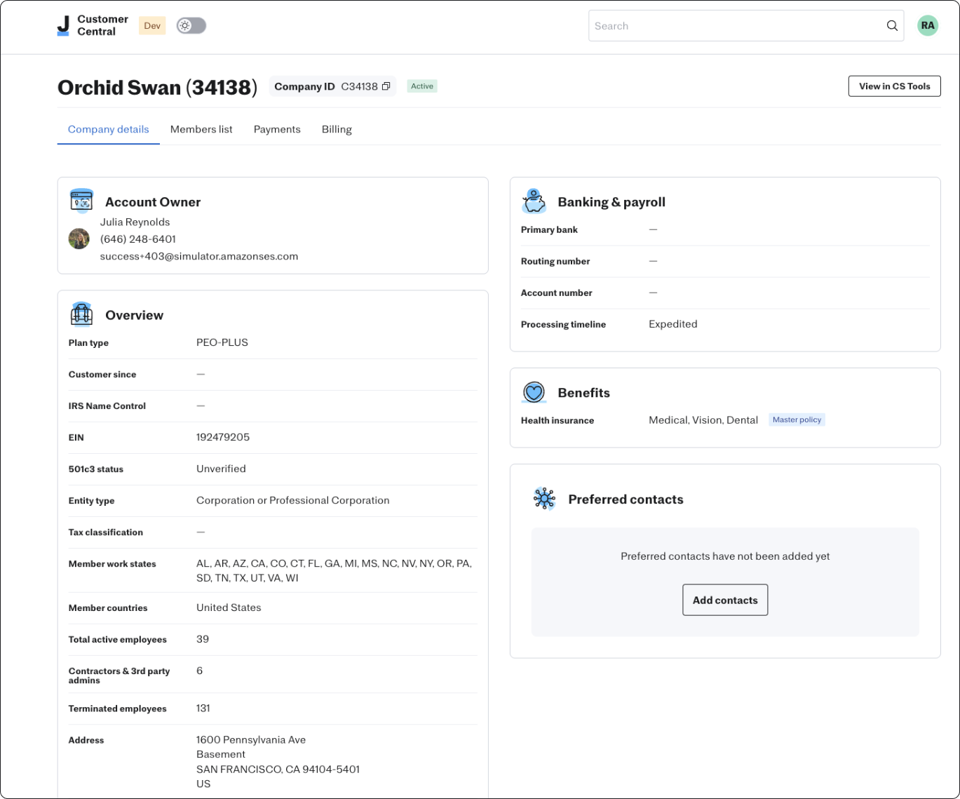 Customer Central — unified support view showing time data across ASO, PEO, and EOR in a single interface