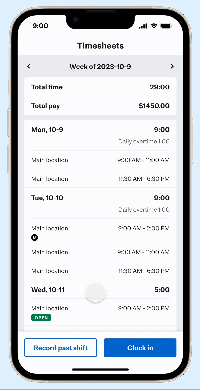 After — Redesigned clock-in with smart defaults and geolocation autofill